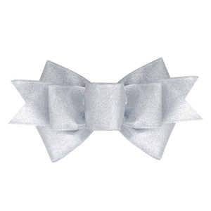 Detailed view of shimmering silver glitter Christmas bow with multi-layered fabric texture