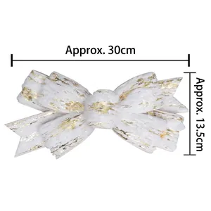White Christmas bow with gold glitter dots for tree decoration, 30cm wide large ornament