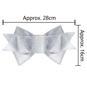 Silver decorative Christmas bow with glitter texture for tree and wreath, 28x16cm
