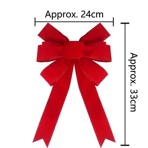 Large red velvet Christmas bow for decoration, sized 24x33cm with long ribbon tails