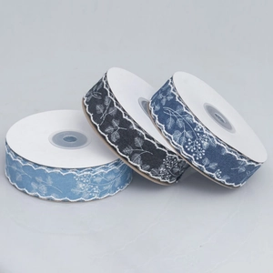 Three-piece set of wave-edge floral print ribbons in shades of blue and gray for DIY craft