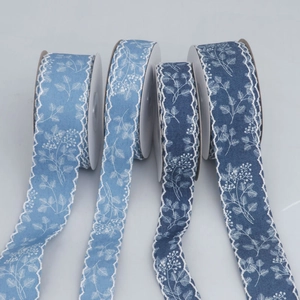 Detailed view of wave-edge floral print ribbons in light blue and navy blue fabric