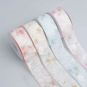 Pastoral Chiffon Rose Floral Printed Ribbon Transparent Crinkle Sheer Fabric For DIY Crafts Wedding Gift Wrap Packaging