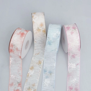 Semi-transparent rose printed pleated organza ribbons in four Morandi colors for DIY crafts