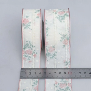 Lace floral ribbon with pink roses and 4.5cm width for DIY bow making craft