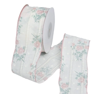 Lace ribbon with pink floral print and hollow embroidery for DIY bow crafts