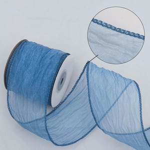 Blue ruffled sheer organza ribbon with wire edges for floral arrangements and DIY crafts