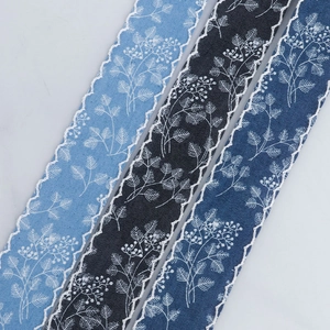 Floral leaf embroidered denim ribbons for DIY hair bows and flower gift packaging