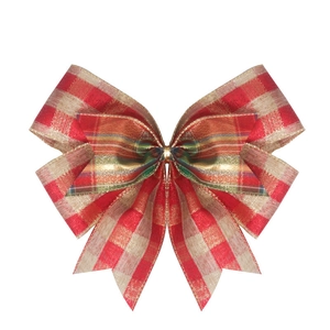 Detail of a Christmas plaid burlap bow with gold metallic threads for tree toppers