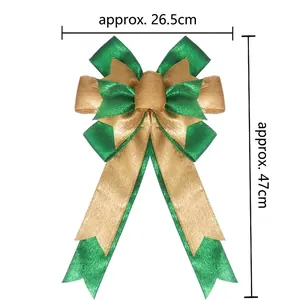 Green and gold glitter burlap Christmas tree topper bow, approx. 26.5cm by 47cm size