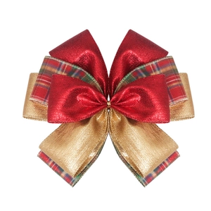 Handmade Christmas burlap bow with festive glitter red gold fabric and plaid ribbon decor