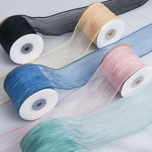 Detail showing various colors of pleated chiffon ribbon with wired edges for floral DIY