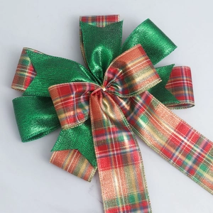 Green and red plaid Christmas bow with metallic sheen for tree topper and gift decor