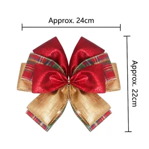 Christmas burlap bow decoration in red glitter and plaid style for tree topper, 24x22cm