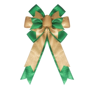 Handmade green and gold Christmas burlap bow with sparkling metallic fabric for tree decor