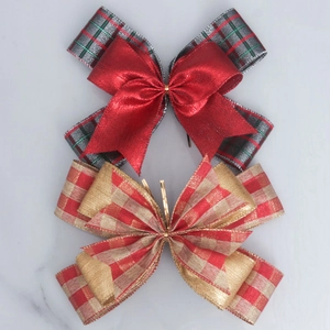 Dual-layer Christmas plaid bows with red satin and gold metallic ribbons for holiday decor