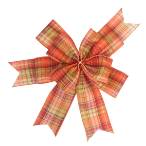 Plaid faux linen decorative bow with autumn harvest orange and green checkered pattern