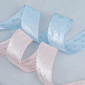 Light blue and pink chiffon ribbons with silver dot sequins for DIY gift wrapping and hair bows