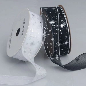 Silver foil star sheer ribbons in black and white for DIY gift wrapping and flower bouquets
