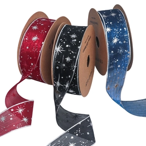 Set of three sheer starry sky ribbons in red, black, and blue with silver foil stars