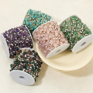 DIY necklace jewelry chain with natural crushed gemstones, pearls and gold wire spools