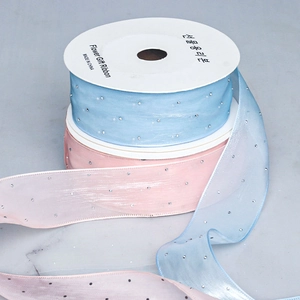 Close-up of light blue and pink chiffon ribbons with sparkling silver glitter dots