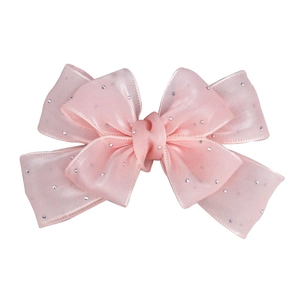 Pink chiffon bow hair accessory with silver rhinestones on a clean white background