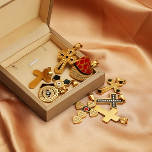 Exquisite gold stainless steel cross and heart pendants with enamel and rhinestones