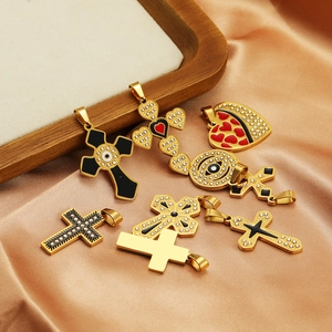 Gold stainless steel cross and evil eye enamel pendants set for fashion necklaces