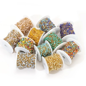 Colorful crystal bead chain with gold stainless steel links on rolls for DIY jewelry