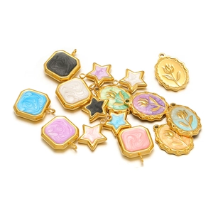 Stainless Steel Enamel Pentagram Square Oval Rose Tulip Relief Pendant Gold Plated DIY Necklace Jewelry Making Accessories