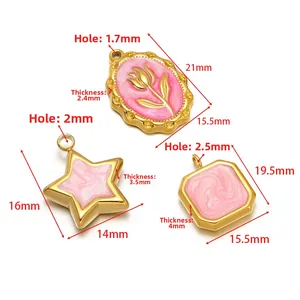 Pendentifs en acier inoxydable doré avec émail rose et étoiles pour création de bijoux