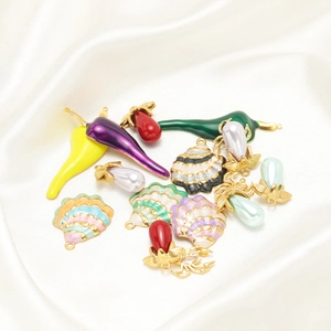 Colorful stainless steel chili pepper and shell pendants for DIY jewelry on satin base