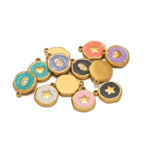 Golden stainless steel enamel pendants with Hamsa and heart charms for DIY jewelry making