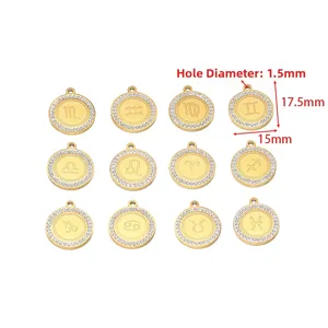 Set of 12 gold plated stainless steel zodiac pendants with sparkling crystal border