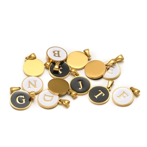 Custom gold stainless steel alphabet round pendants with black and white enamel finish