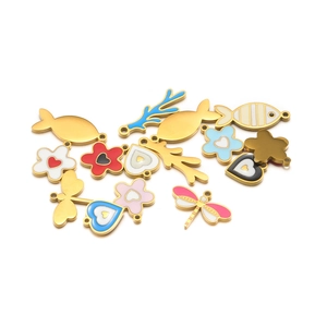 Ciondolo Solo Senza Catena in Acciaio Inossidabile Smalto Cuore Fiore Pesce Fiocco Libellula Corallo Placcato Oro Accessori Fai da Te