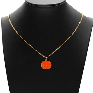 Halloween pumpkin pendant necklace in orange enamel with a delicate golden link chain