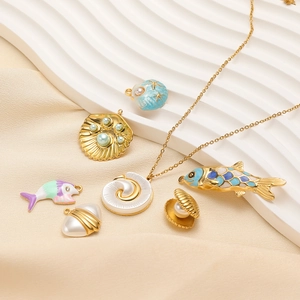 Marine series stainless steel ocean shell fish pendants and gold necklace jewelry set