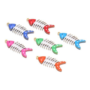 Set of six colorful enamel fish bone charms in stainless steel for DIY jewelry making