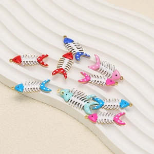 Colorful fish bone charms in stainless steel with double-sided enamel and gold plating