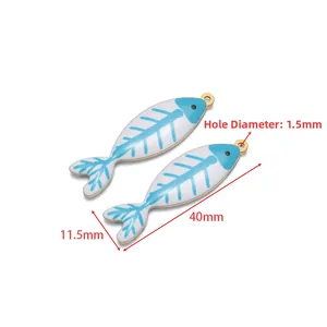 Blue fish bone enamel charm 40mm x 11.5mm stainless steel pendant with 1.5mm aperture