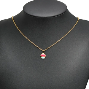 18k vergoldete Edelstahlhalskette mit buntem rosa und blauem Cupcake-Anhänger