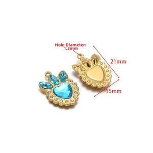 Pendentif cœur couronne en acier inoxydable doré avec pierres bleu clair 15x21mm