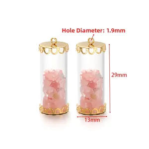 Cylindrical pink stone charm pendant with gold metal caps for DIY jewelry, 29mm x 13mm