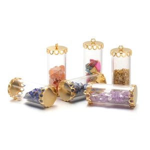 Colorful crushed stone pendants in glass cylinders with gold caps for DIY jewelry