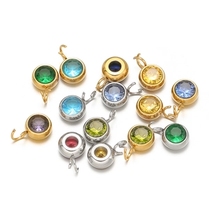 7mm colorful cubic zirconia pendants in round stainless steel settings for DIY jewelry