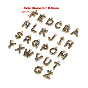 Gold stainless steel A-Z letter pendants set with black zircon stones, 10mm height