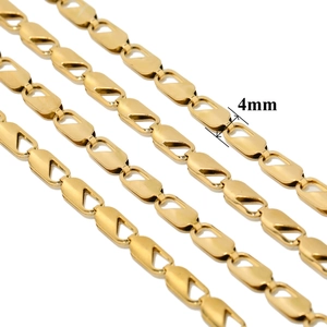 Macro shot of 4mm gold vacuum-plated hollow shield chain links for DIY jewelry making