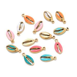 Colorful shell-shaped stainless steel charms with gold frames for DIY necklace jewelry
